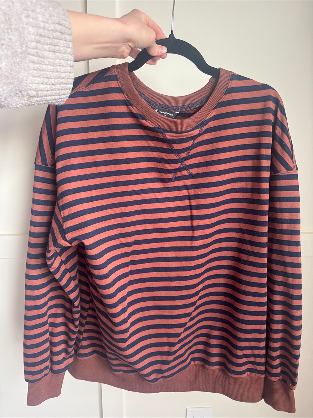 Madewell Women's Rust and Black Striped Crewneck Sweater